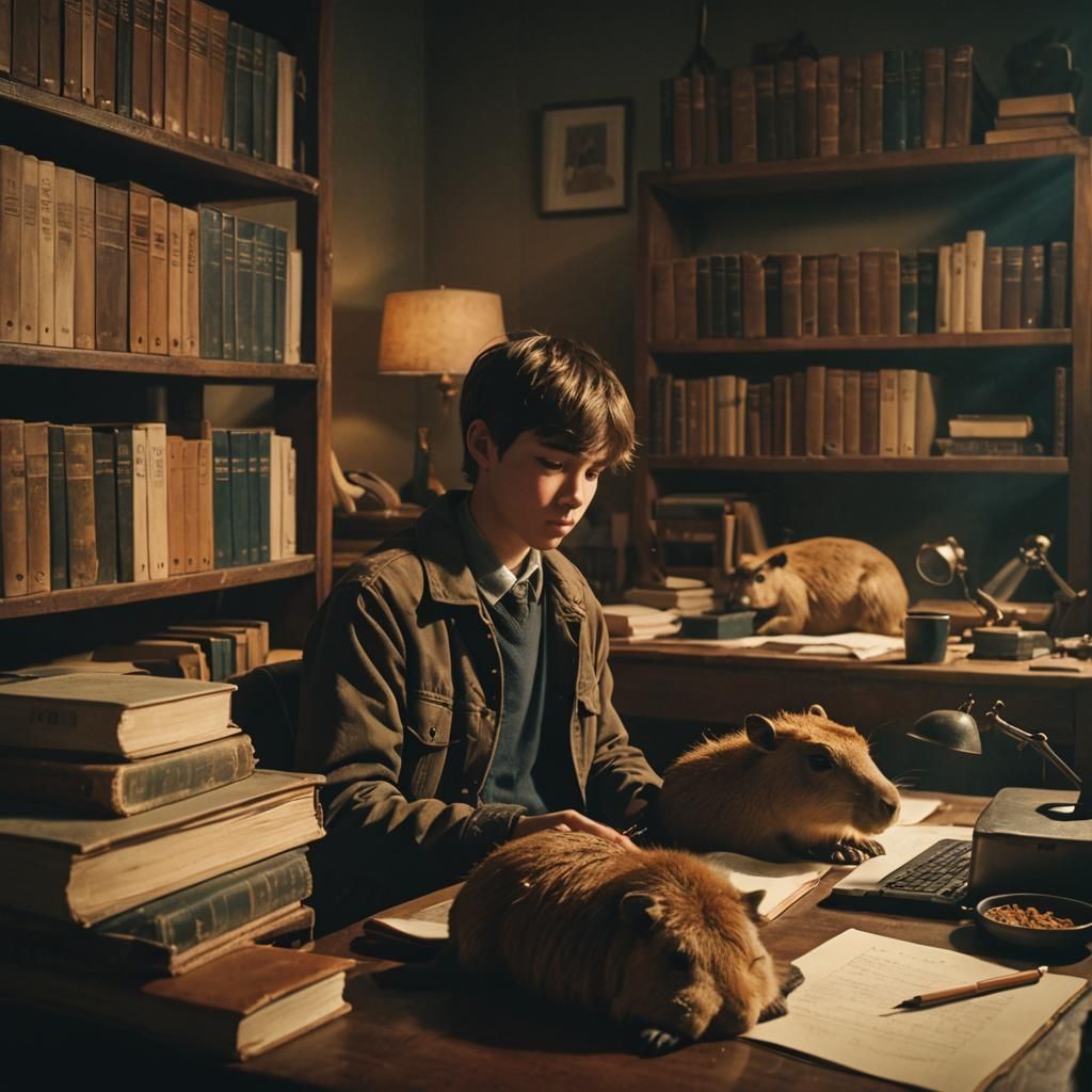 Boy Studying with Capybara: Cinematic Film Still