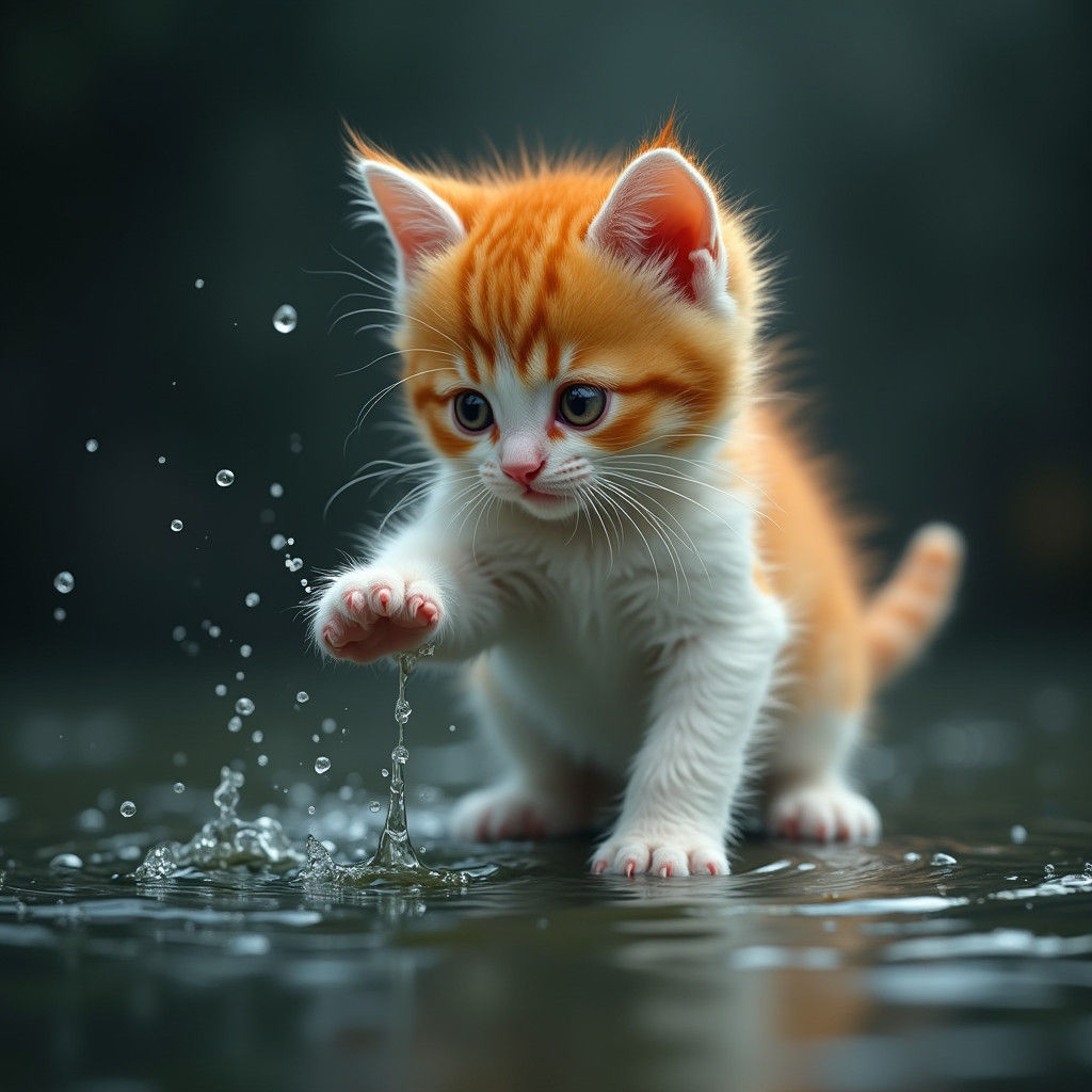 Kitten's First Encounter: Water Droplets in Surreal Style