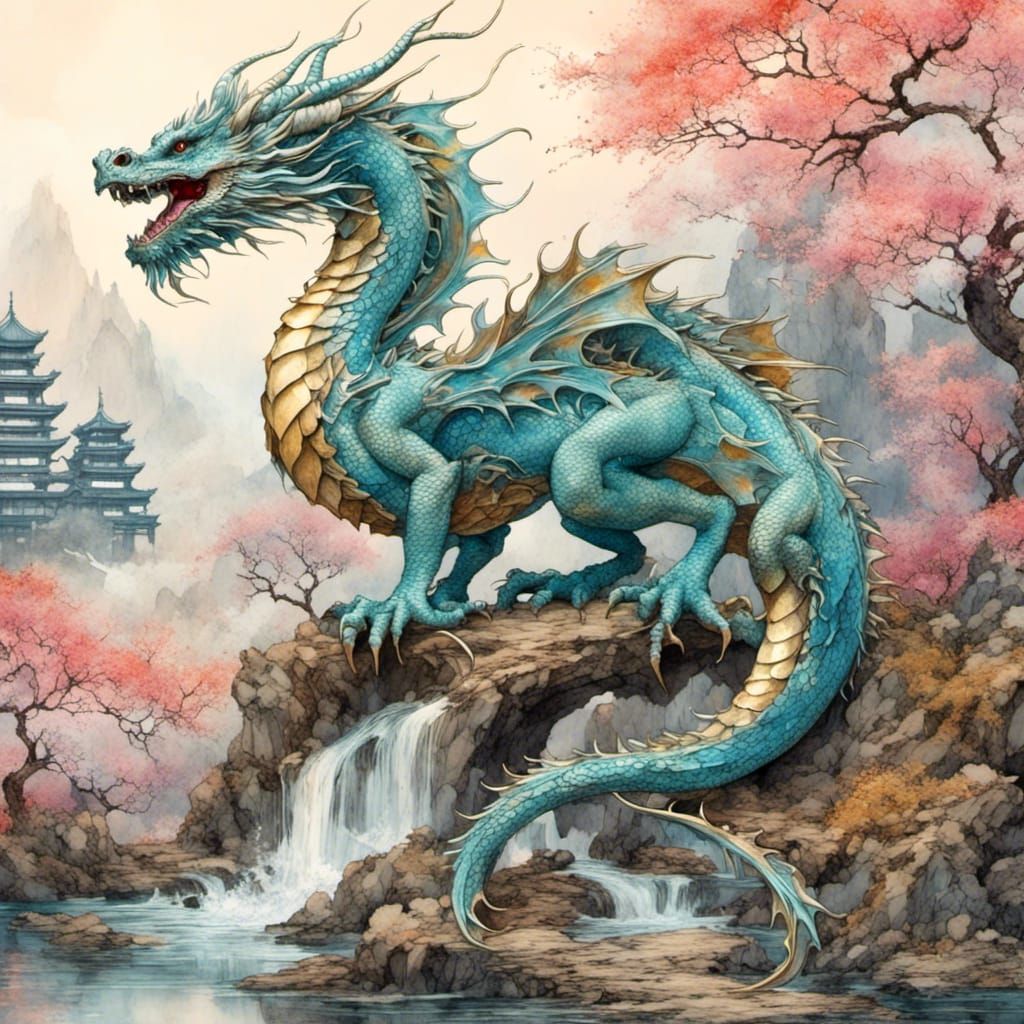Iridescent Dragon in Japanese Watercolour Landscape