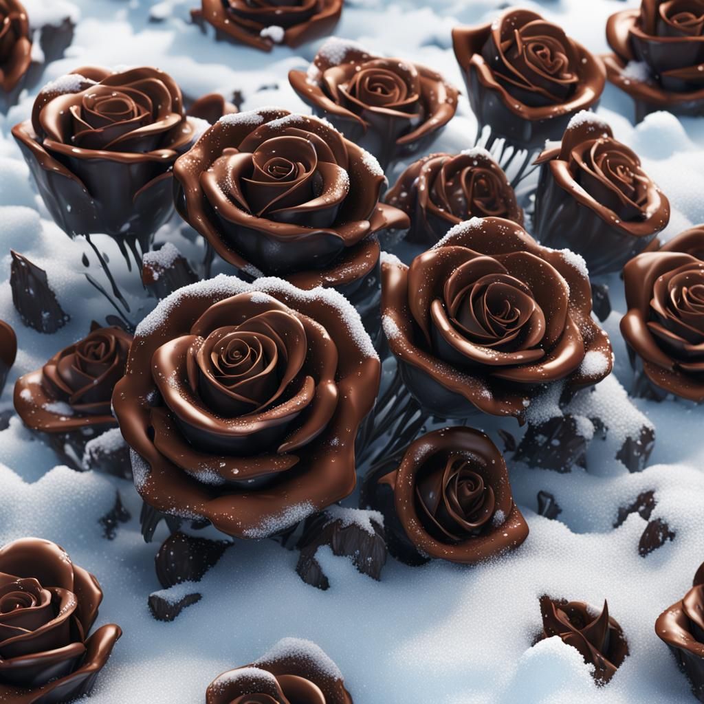 Chocolate Roses Dripping on Snow, Detailed Matte Painting