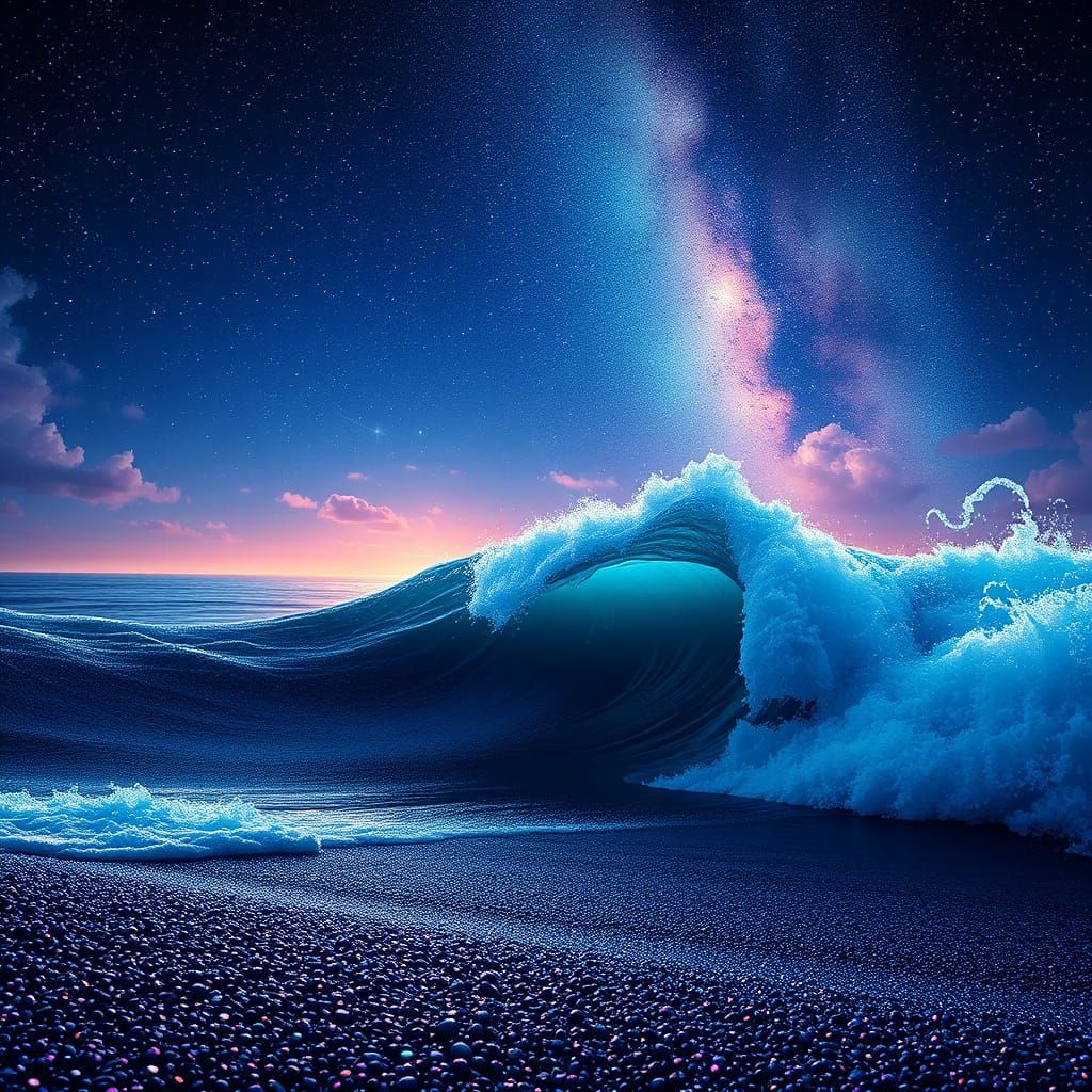 Rhinestone Shoreline Under Starry Glitter Sky