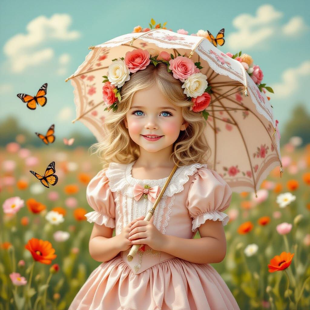 Fairytale Girl in Flower Field with Parasol