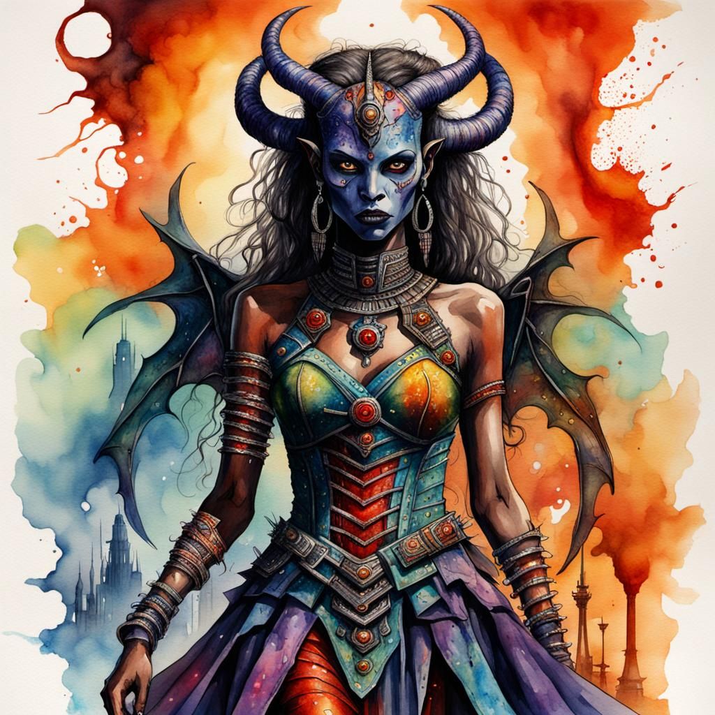 Elegant Demoness Dress Shopping in Dystopian Afrofuturism