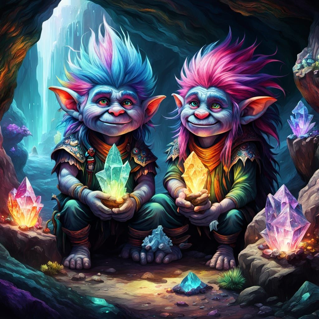 Rainbow Trolls Guarding Crystal Cave: Digital Painting
