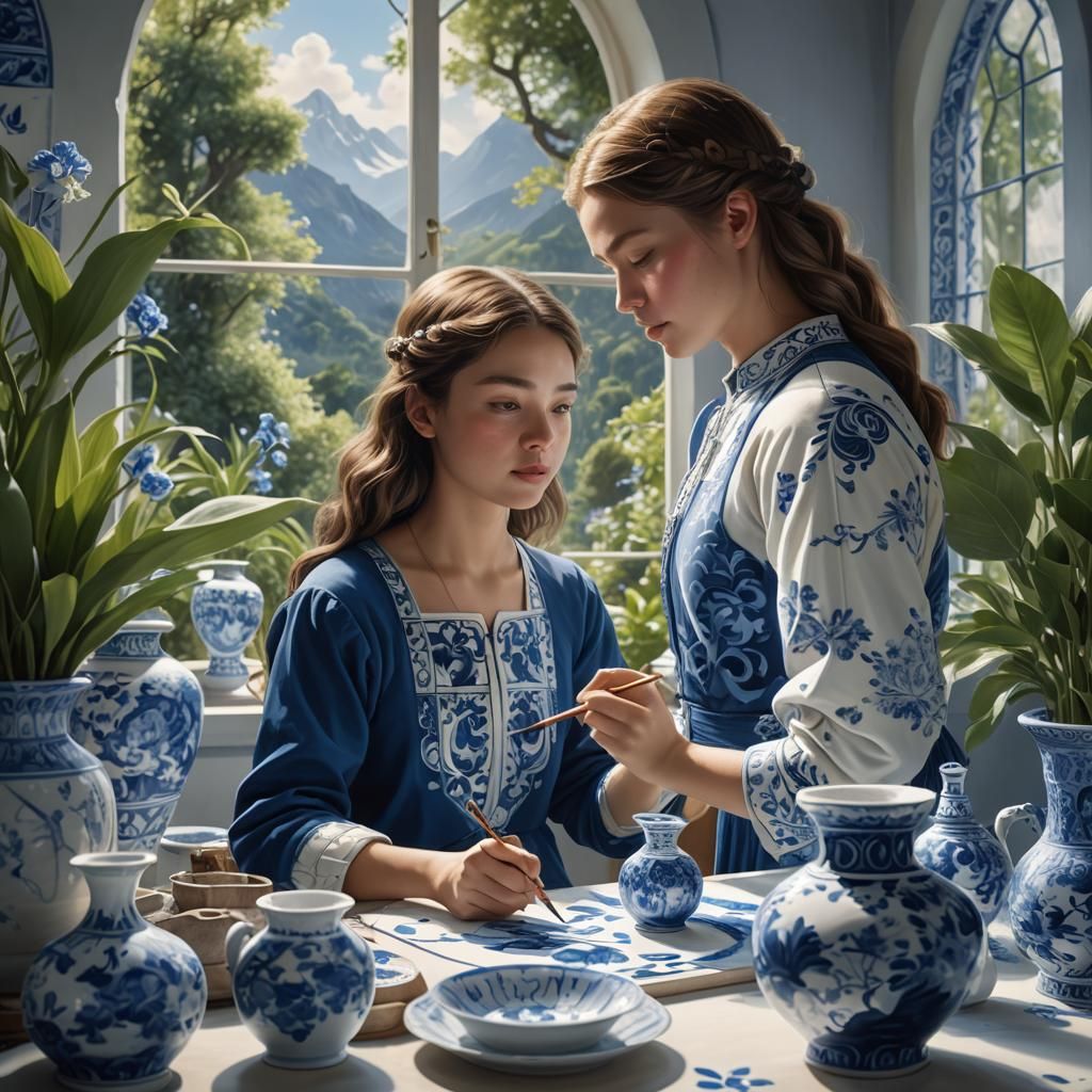 Girl Painting Delft Blue Porcelain, Fantasy Concept Art