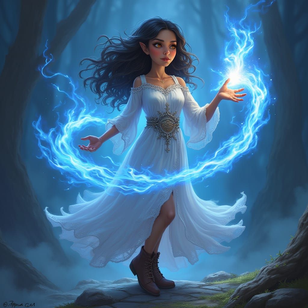 Enchanted Halfling Sorceress Conjures Blue Flames