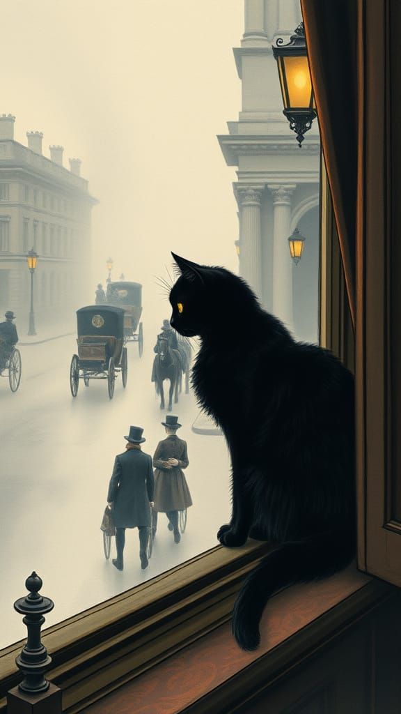 Victorian Era Feline Observes Horse-Drawn Carriages