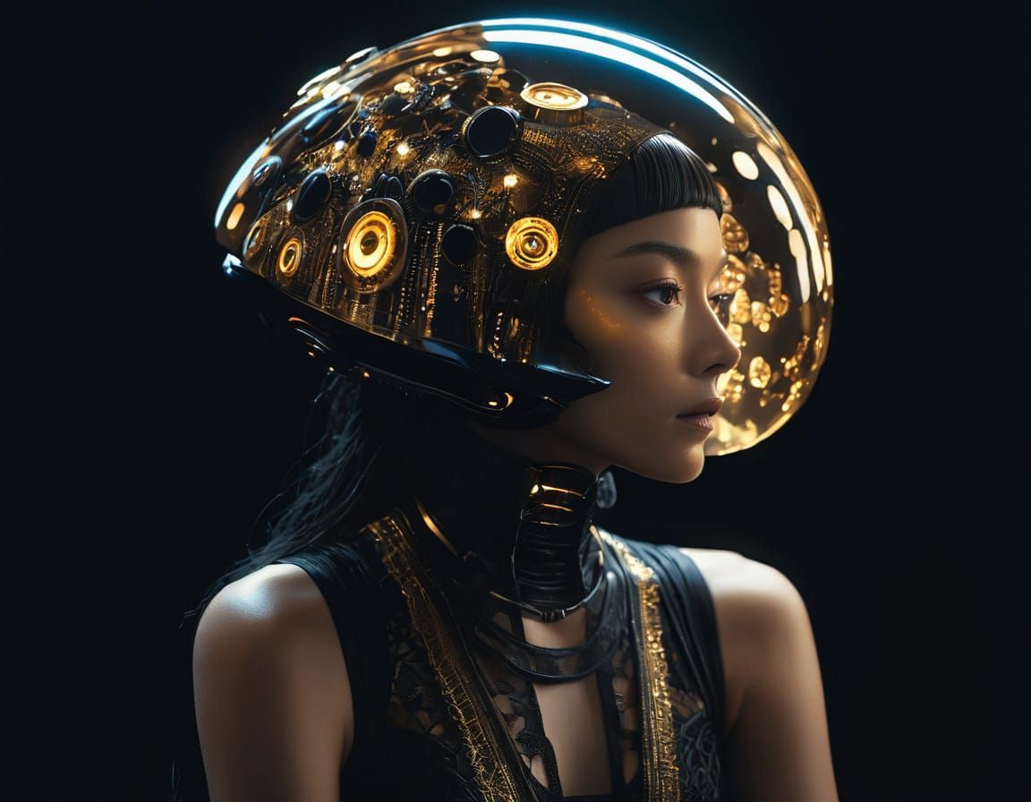 Ethereal Cyborg Goddess in Oily, Cinematic Darkness