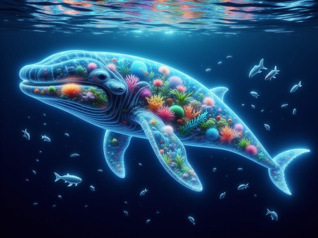 Iridescent Whale in Bioluminescent Deep Sea Garden