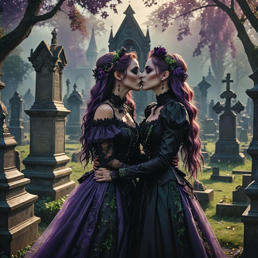 Cyber Gothic and Victorian Kiss in Graveyard Wedding