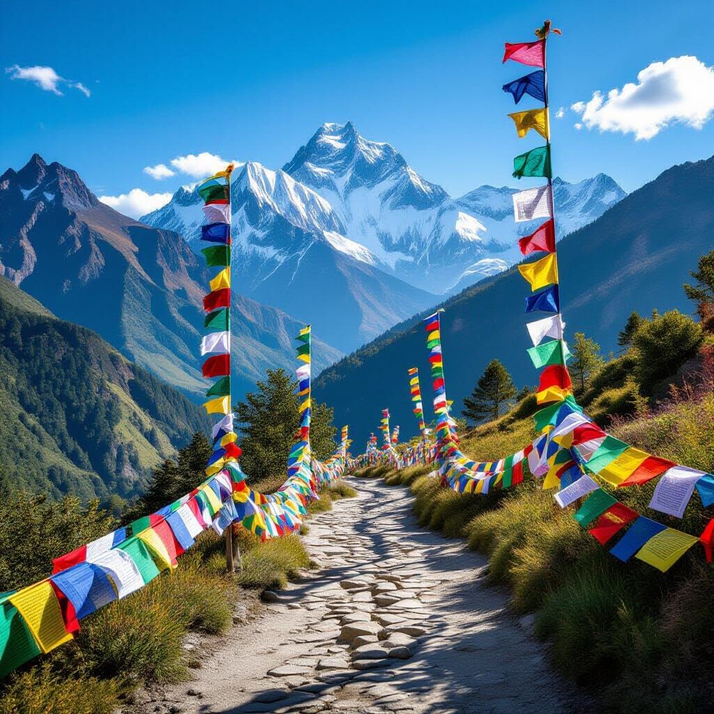Bhutan nountain trail covered in prayer flags