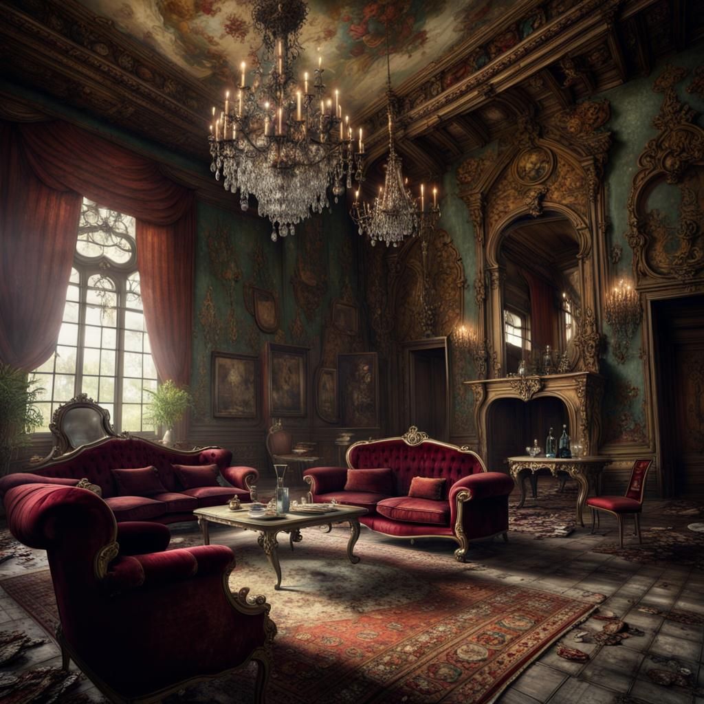 Abandoned Baroque Room with Broken Chandelier