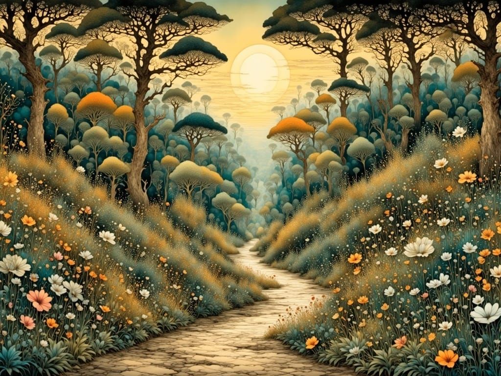 Oriental Palace Garden with Peacocks in Soft Evening Light