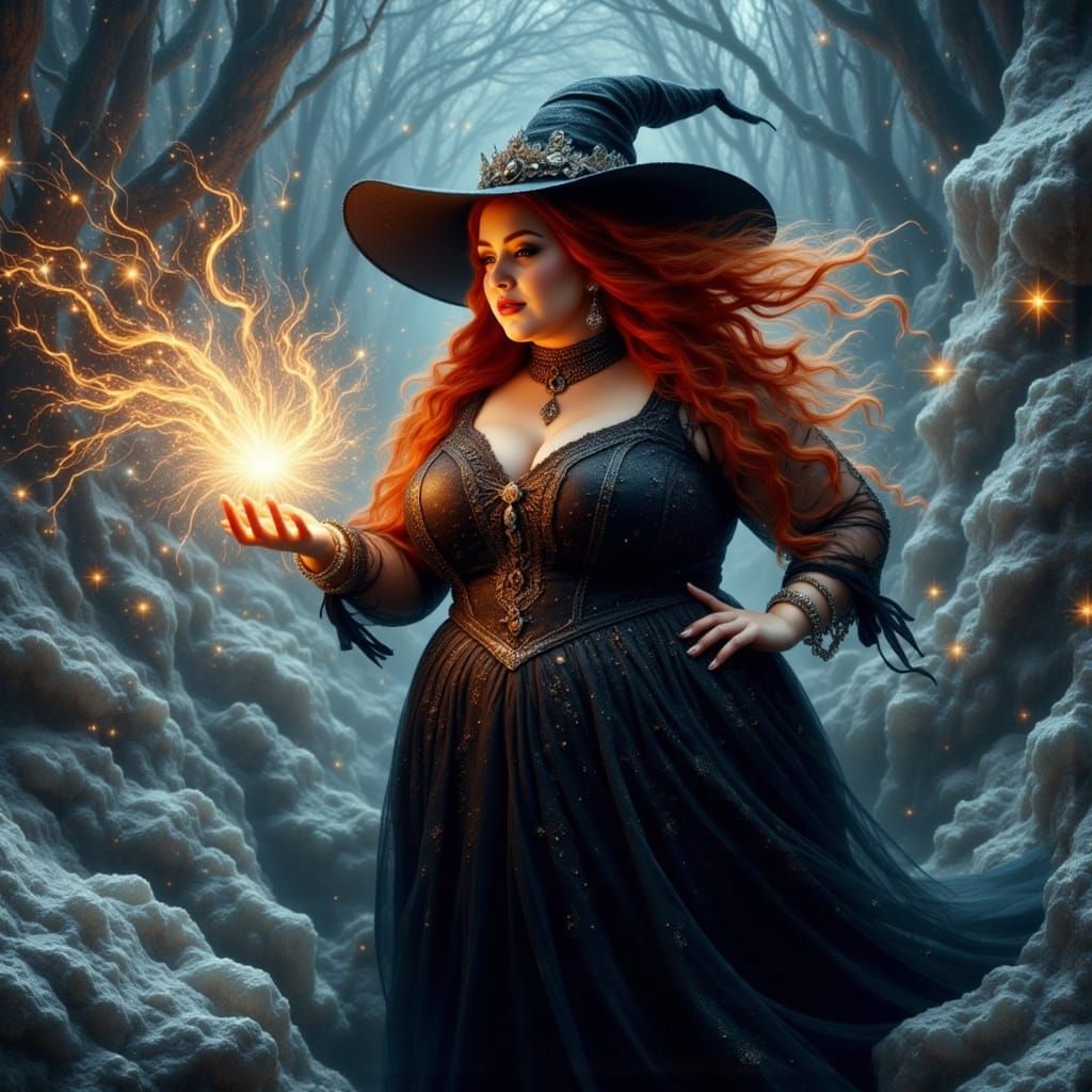 Majestic Witch Stands Amidst Vortex of Crystal Shards