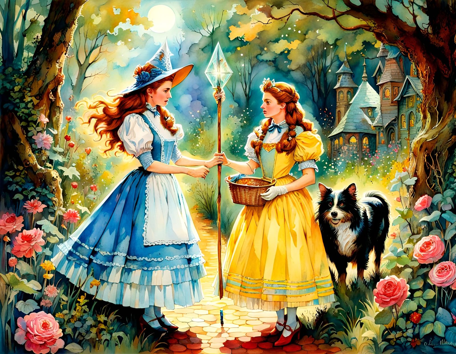 Dorothy and Glinda: Wizard of Oz in Watercolor Style