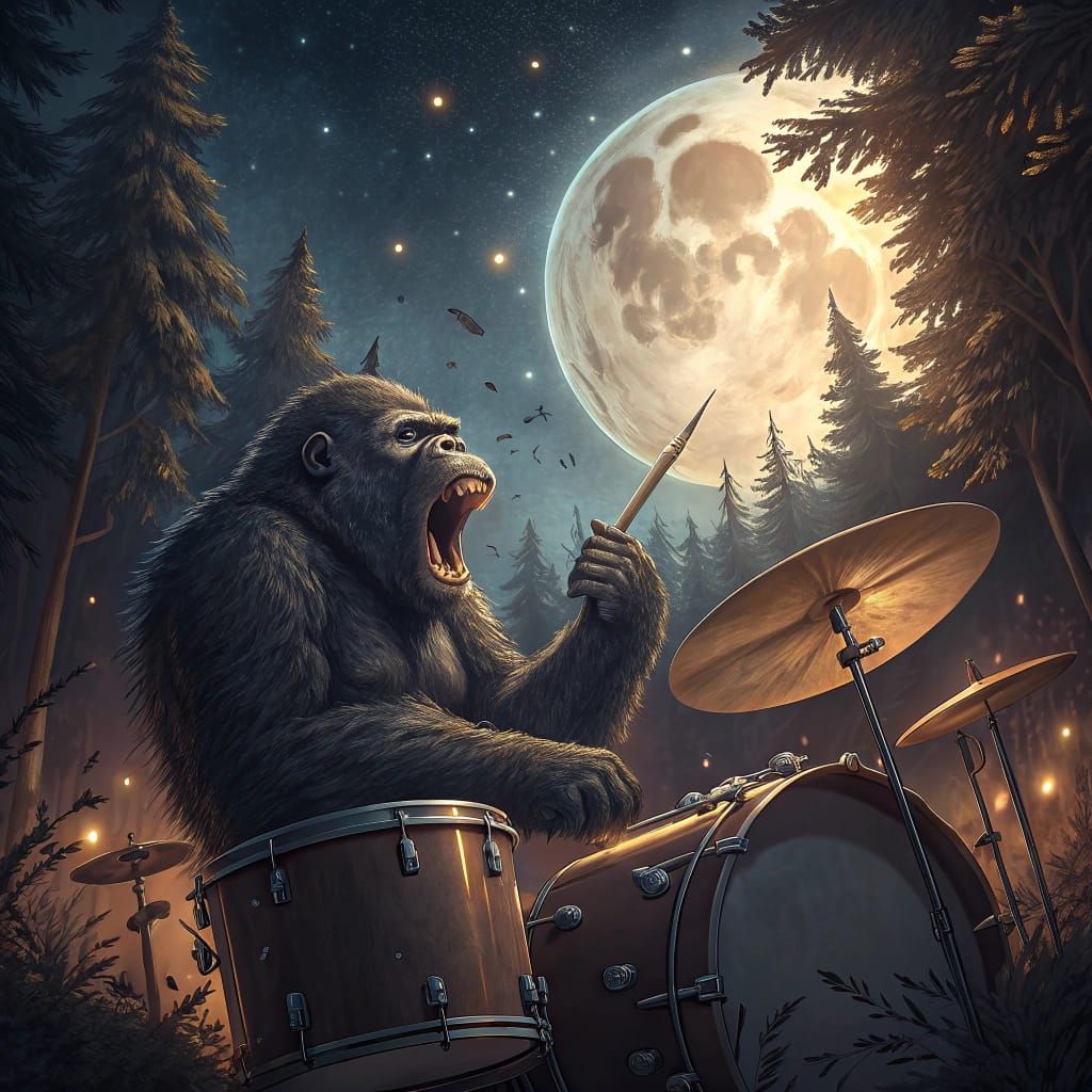 Gorilla Drumming to Heavy Metal Under a Full Moon