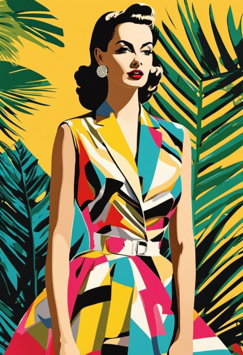 1950s Fashionable Woman: Pop Art Portrait in Bauhaus Style