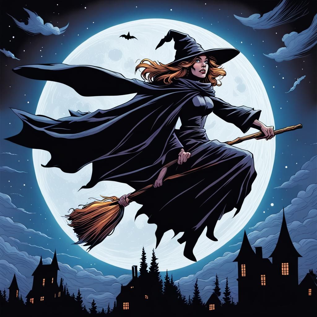 Witch's Flight: Comic Book Art in Night Sky