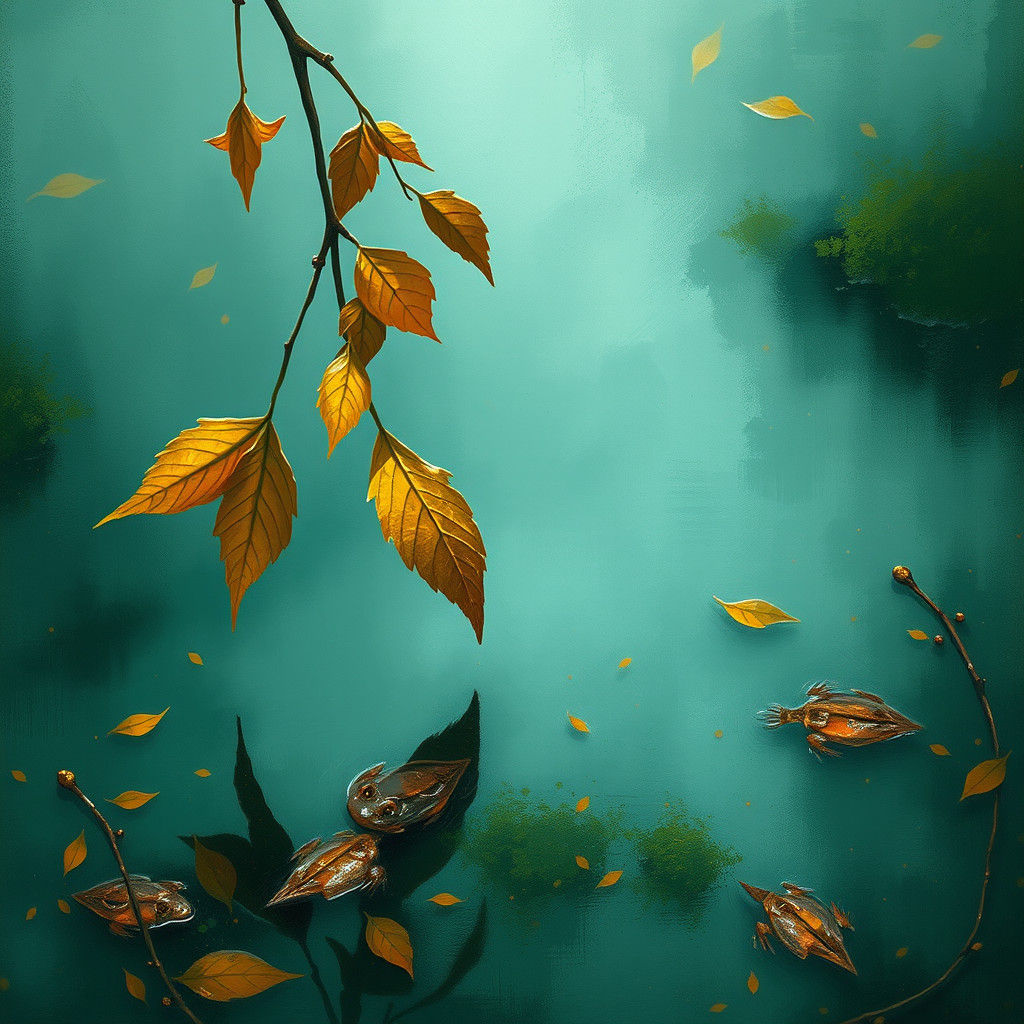 Twilight Leaves on Glassy Water in Abstract Style