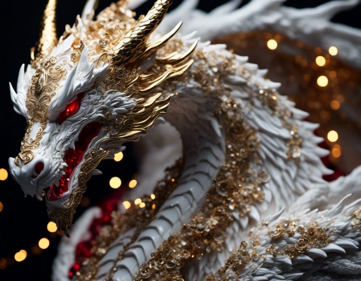 Intricate White Porcelain Dragon with Golden Details