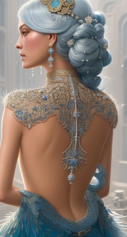 Hyperdetailed Princess in Filigree Diamond Blue Dress