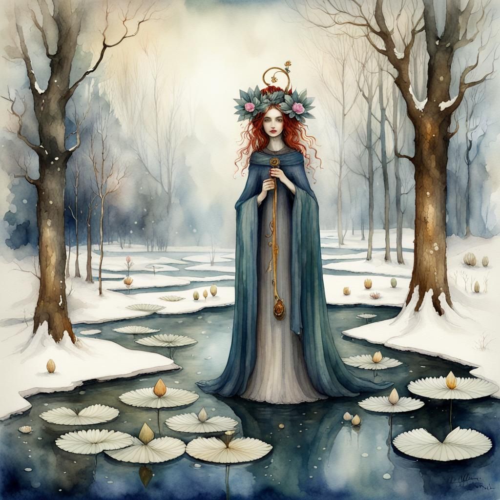 Whimsical Winter Watercolor with Waterlilies