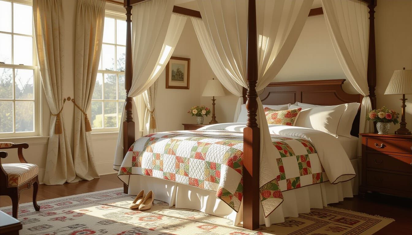 Idyllic Quilted Bedroom with Sunlight and Shoes