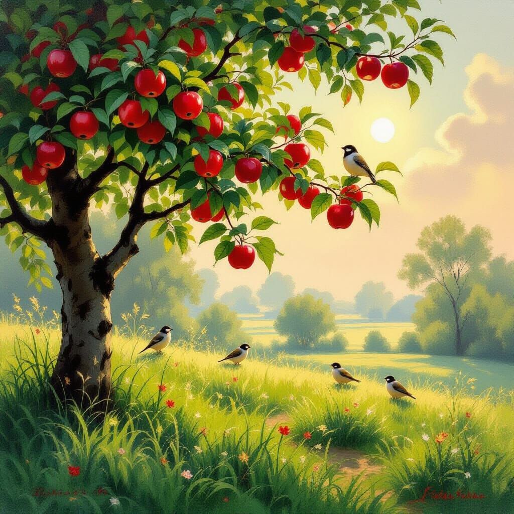 Apple Tree with Glistening Apples in Impressionistic Style