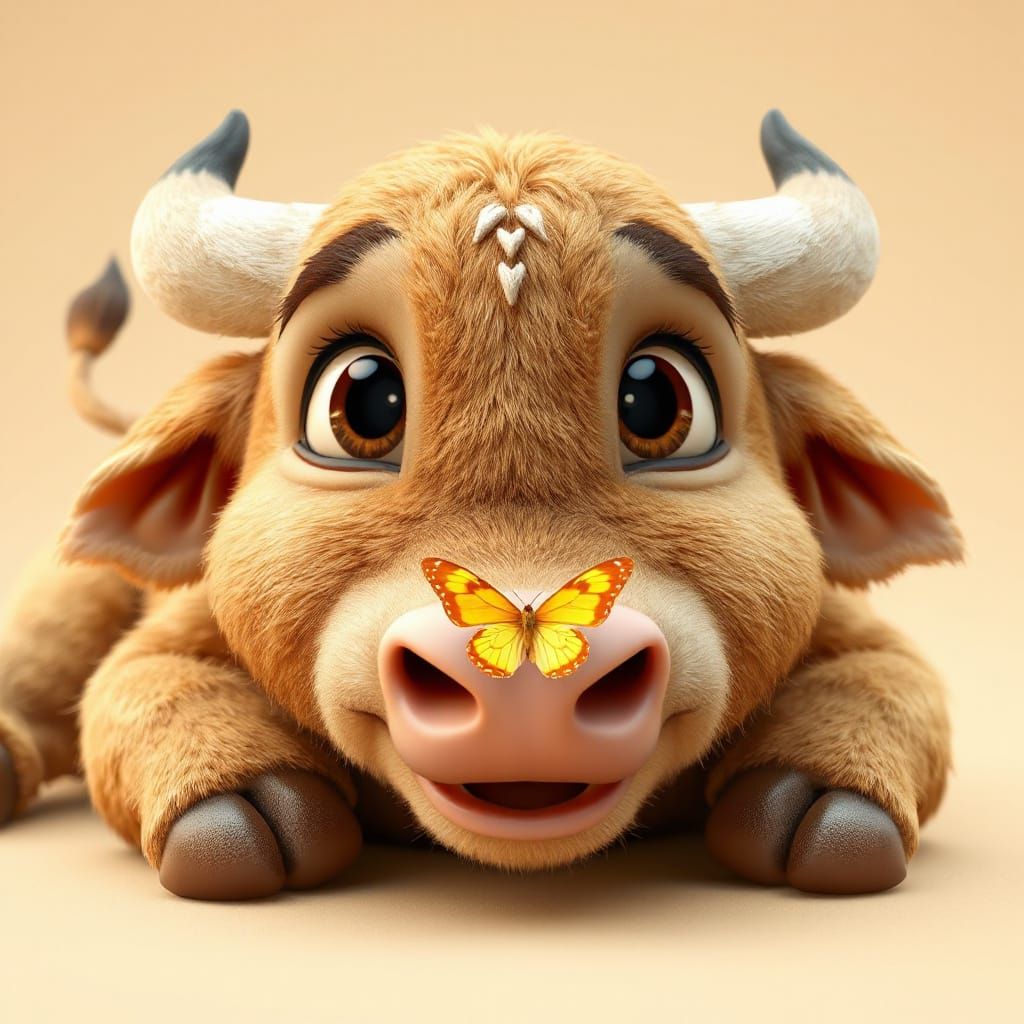 Whimsical CGI Cartoon Bull with Butterfly on Nose