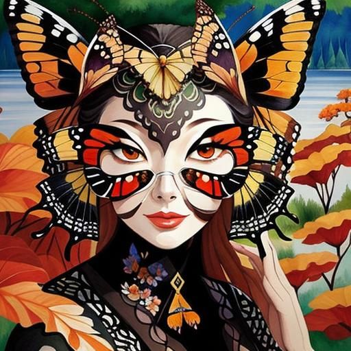 Watercolor Butterflies and Blossoms in Ink Painting Style