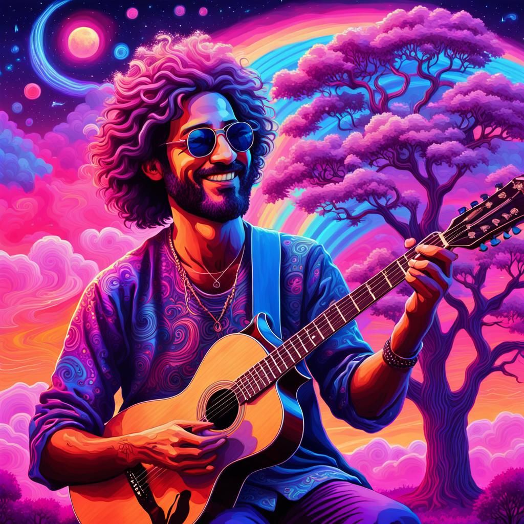 Psychedelic Hippie Portrait with Cosmic Guitar