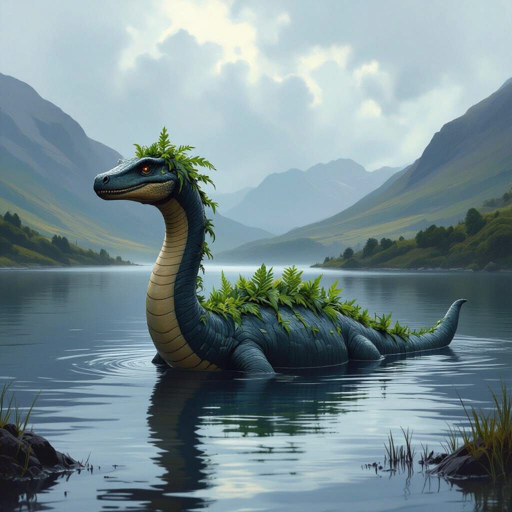 Plesiosaur in Scottish Loch in Fantasy Art Style