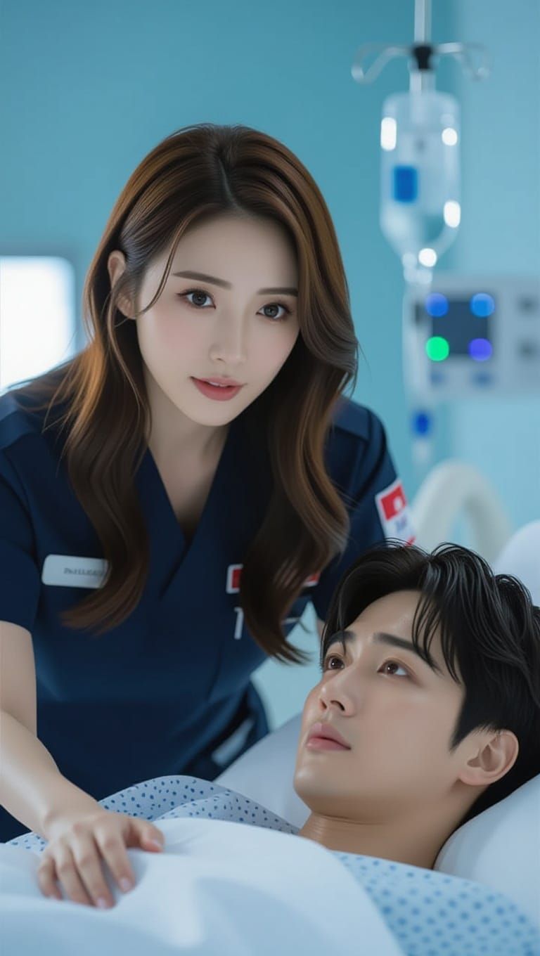 East Asian Woman in Hospital Room: Cinematic Portrait