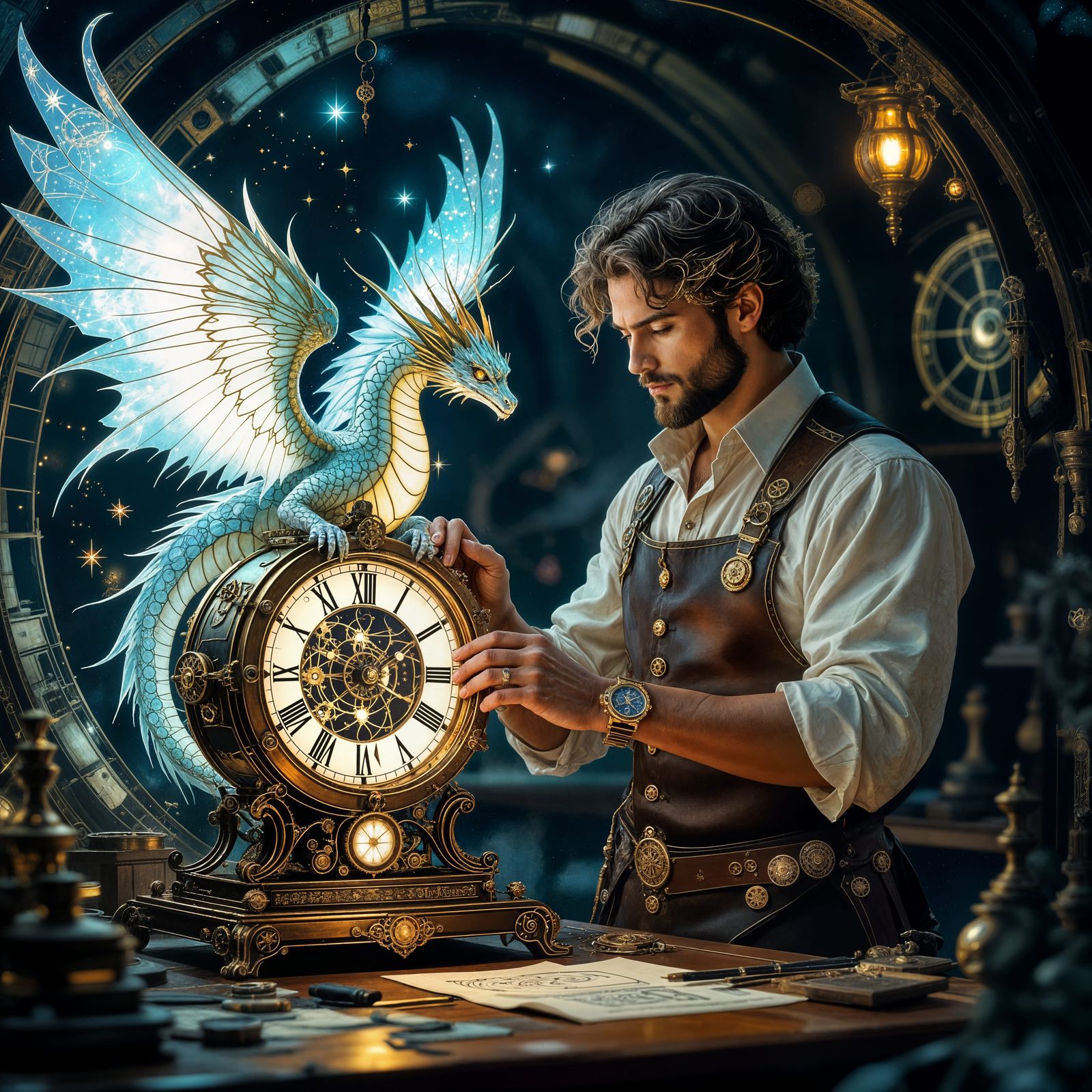 Celestial Clockmaker Crafts Clockwork Dragon, Art Nouveau St...