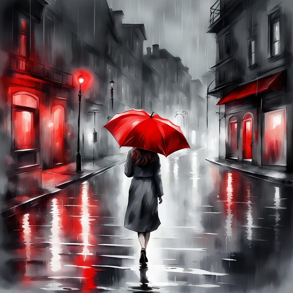 Girl with Red Umbrella in Rainy Film Noir Scene