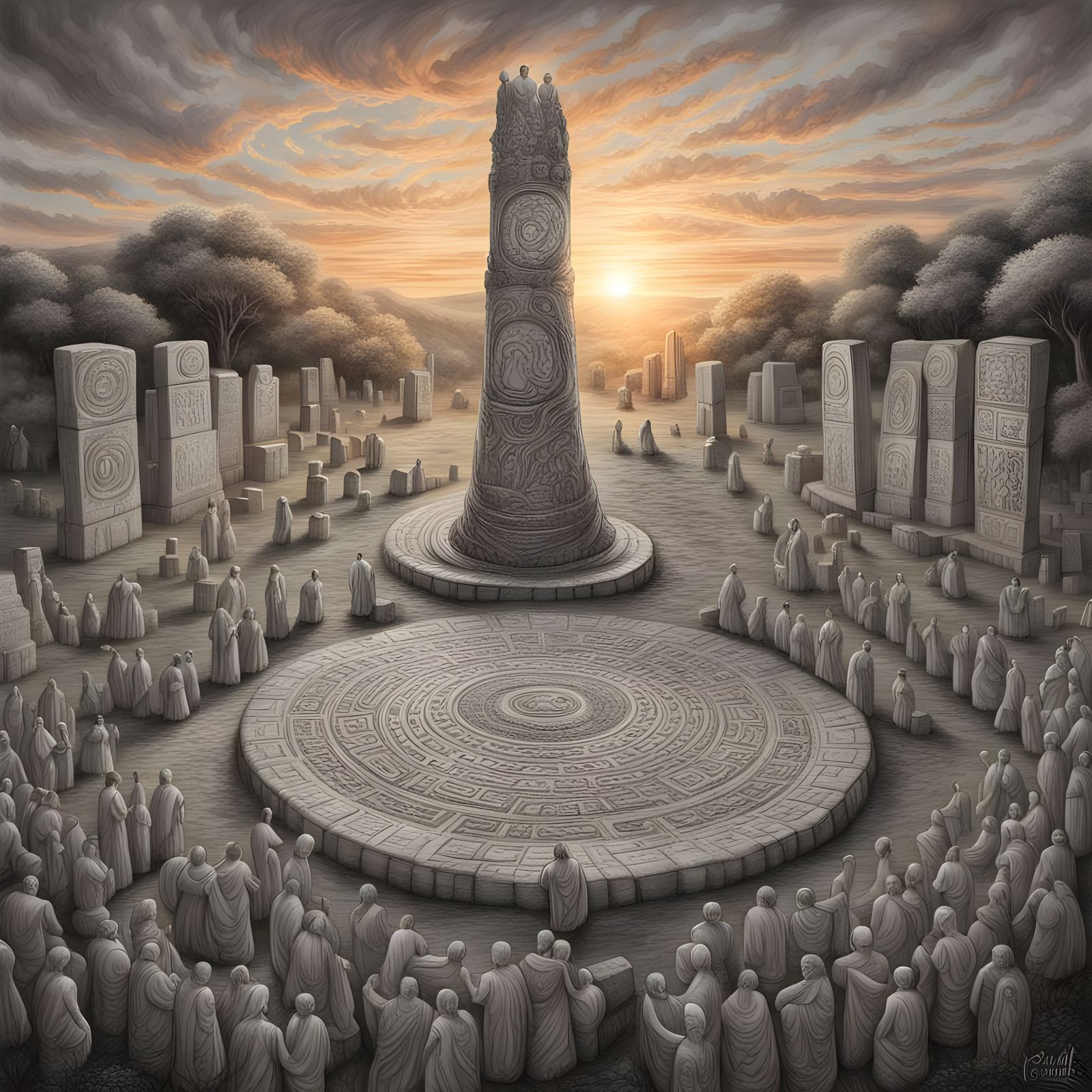 Druids Dancing Around Monument at Sunset: Charcoal Drawing