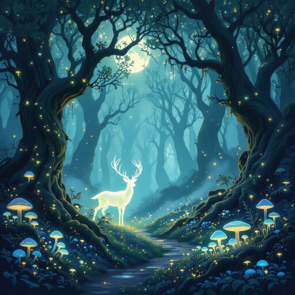Ethereal Forest with Spectral Stag and Bioluminescent Flora