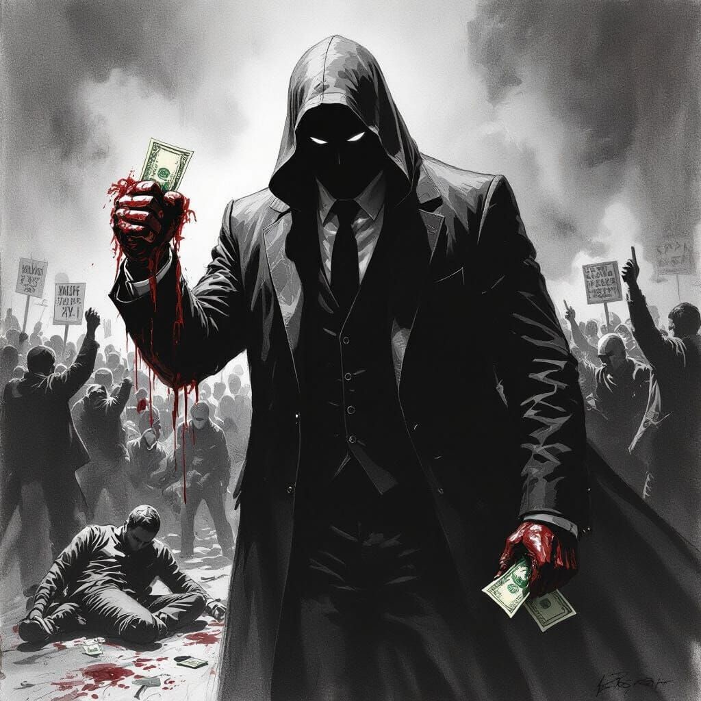 Shadowy Figure Grasping Cash Amidst Protest