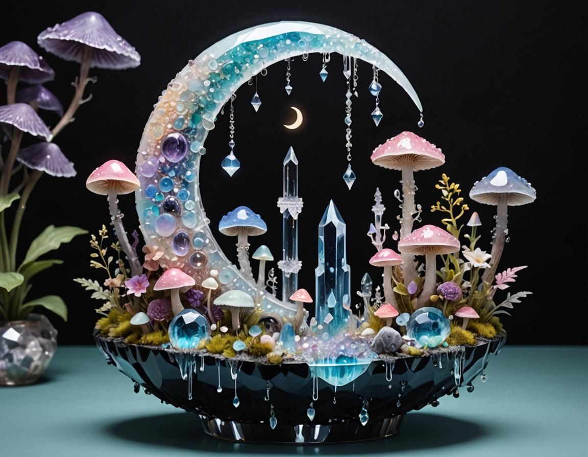 Crescent Moon Crystal Clusters in Pastel Goth Style