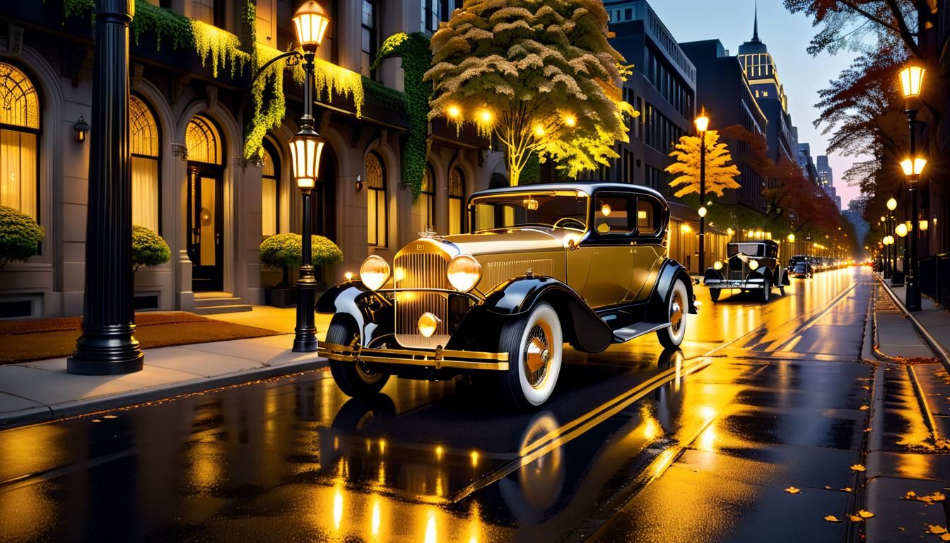 Vintage Car Gleams Under Art Deco Streetlight