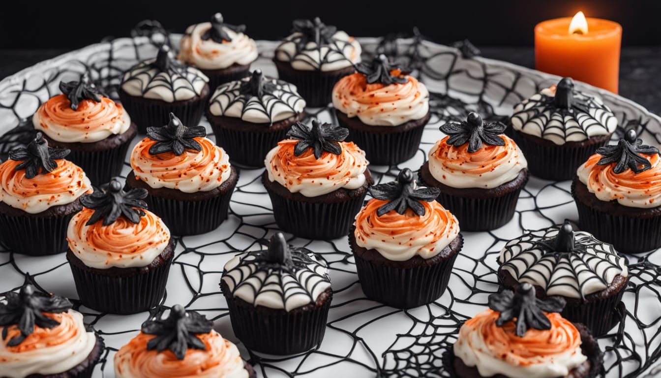 Array of Halloween Cupcakes with Red Candle