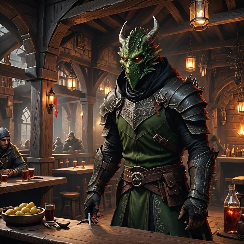 Dragonborn Assassin in Tavern: Fantasy Concept Art