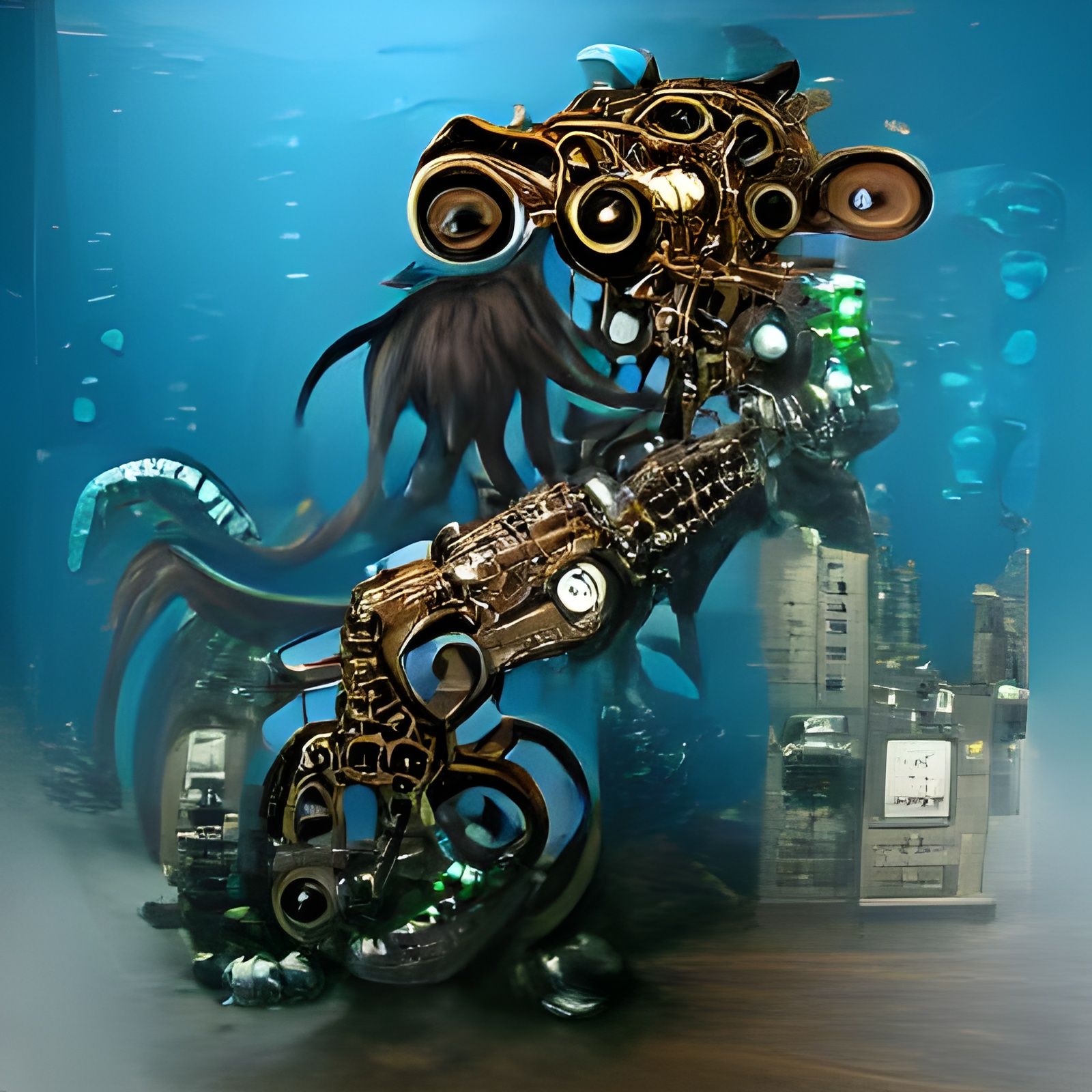 Steampunk Cyberpunk Kraken Rising from the Ocean