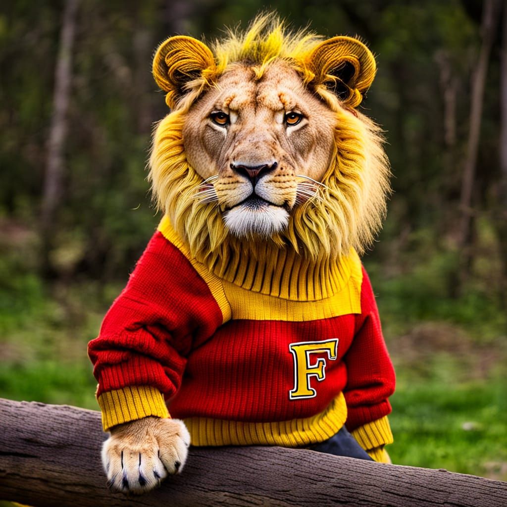 Lion in Red Sweater with Yellow F