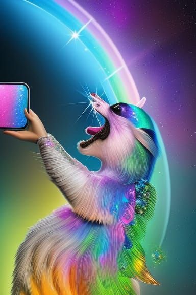 * Rainbow Crystal Bunny Laughing While Holding Cell Phone and Taking a Mirror Selfie   - 3171 -*C3*