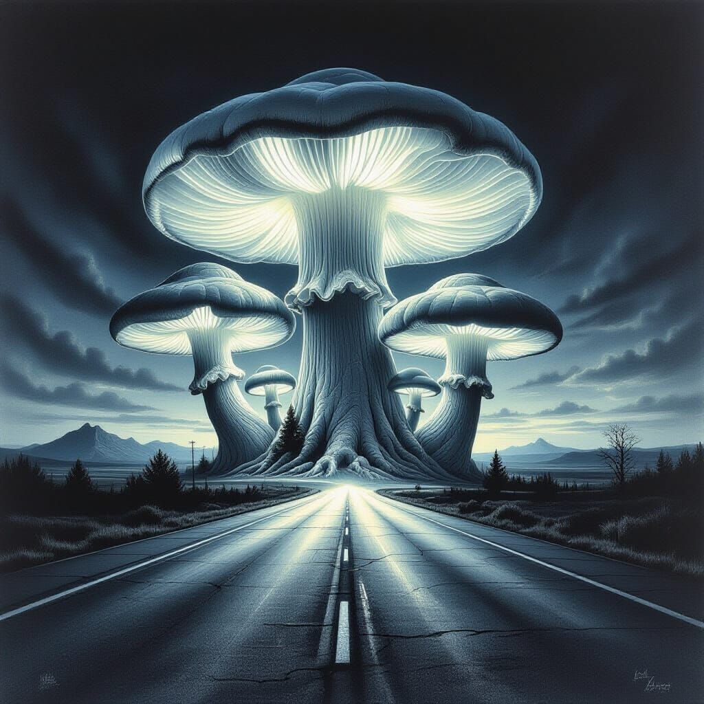 Colossal Bioluminescent Mushrooms on Desolate Highway