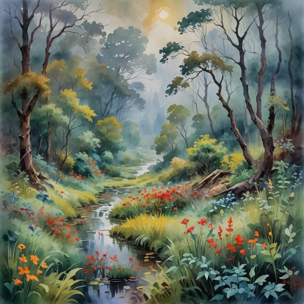 Misty Landscape in Gouache and Watercolor Style