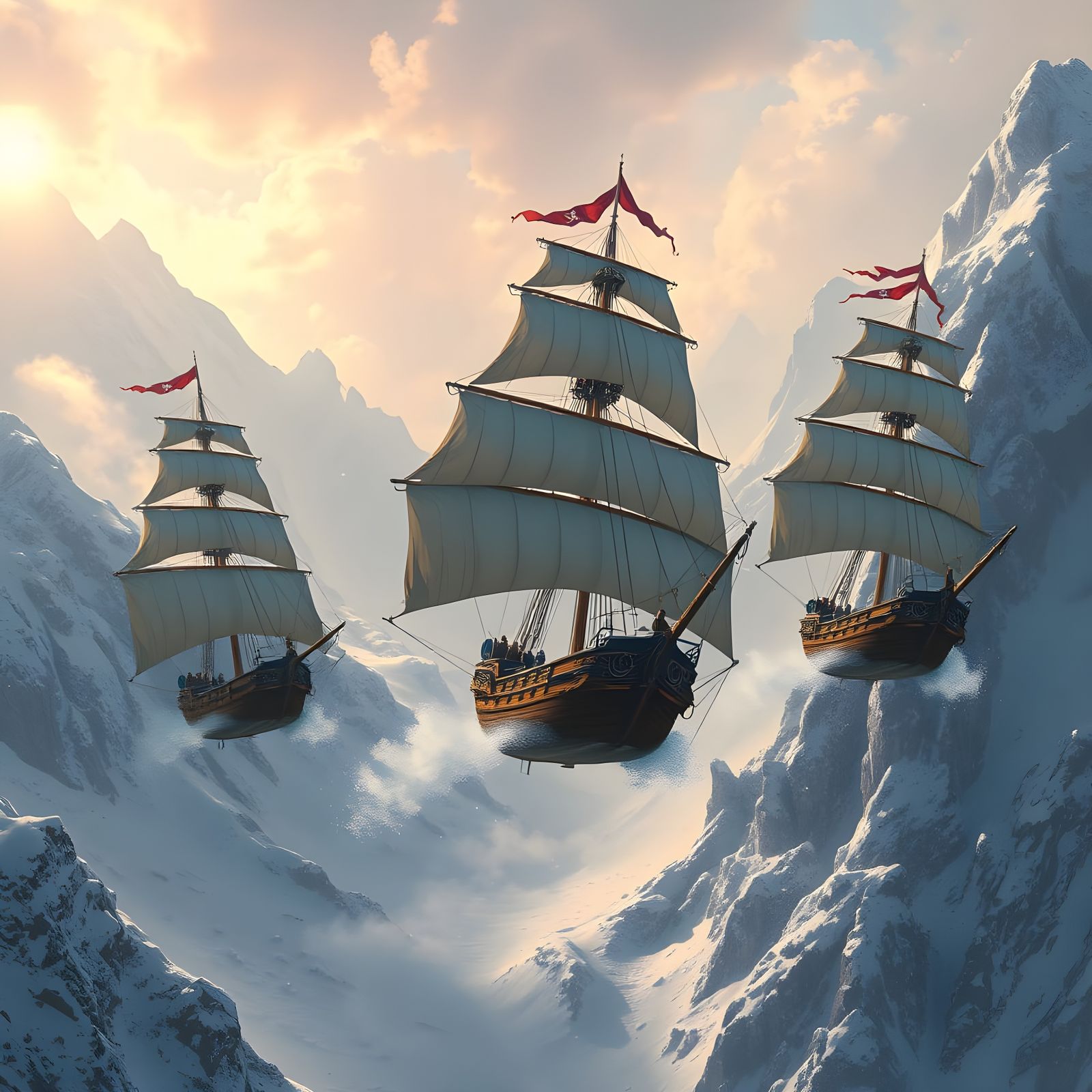 Flying Pirate Ships in Snowy Mountains