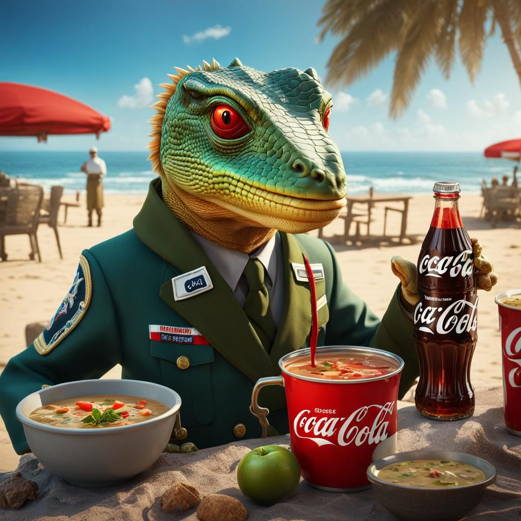 Lizard Soldier Drinks Coke on the Beach