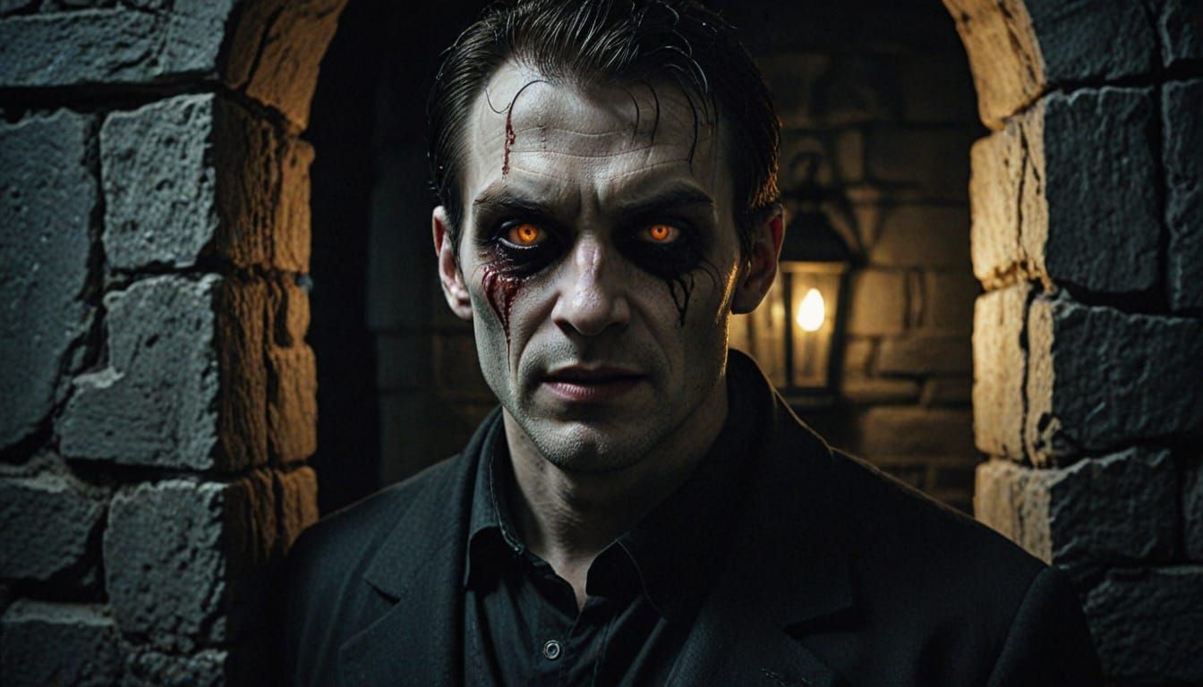 Malevolent Man in Crypt, a Dark Fantasy Portrait